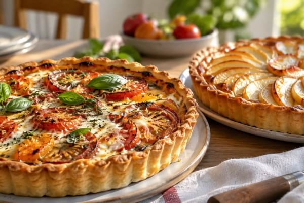 Tarte salée aux tomates et fromage et tarte sucrée aux pommes avec une pâte maison croustillante.