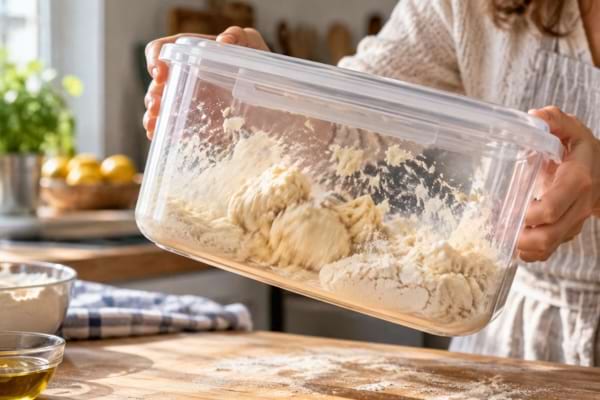 Pâte à tarte maison sans beurre préparée en secouant une boîte hermétique en plastique.