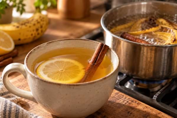 Une tasse d&rsquo;infusion chaude &agrave; la banane avec cannelle et citron.