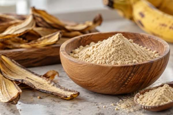 De la poudre de peau de banane avec des lamelles s&eacute;ch&eacute;es.