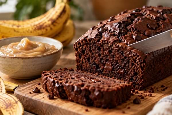 Une tranche de g&acirc;teau moelleux au chocolat pr&egrave;s d&rsquo;une pur&eacute;e de peau de banane.