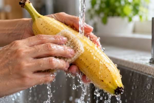 Des mains frottent une banane sous l&rsquo;eau avant de la cuisiner.