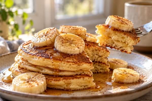 Une pile de pancakes dor&eacute;s garnis de banane et de cannelle.