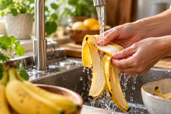 Des peaux de banane soigneusement lav&eacute;es dans une cuisine lumineuse.