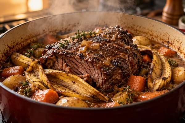 Des peaux de banane plac&eacute;es sous une pi&egrave;ce de viande dans une cocotte.