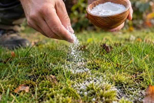Main d'un jardinier saupoudrant du bicarbonate de soude sur une pelouse couverte de mousse