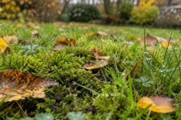 Pelouse envahie par la mousse et les feuilles mortes en octobre après la pluie