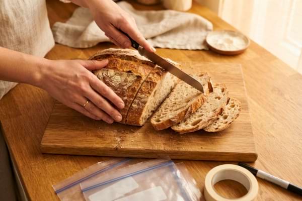 female hands slicing a crusty country bread loaf on a wooden cutting board