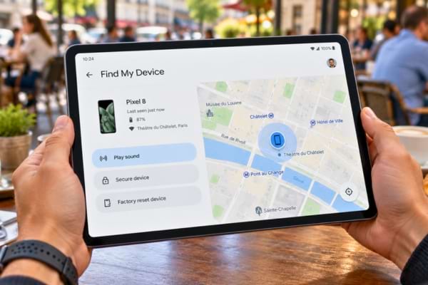  mains tenant une tablette tactile affichant l'interface Google "Localiser mon appareil".
