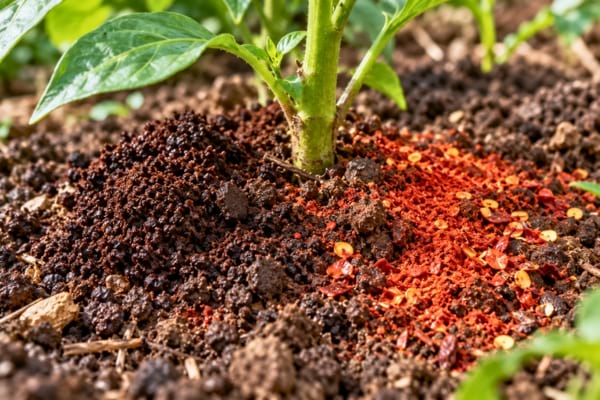 marc de caf&eacute; sombre et de poudre de piment rouge vif saupoudr&eacute;s sur la terre 