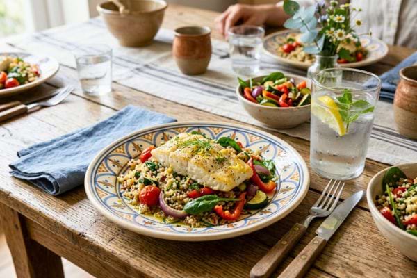 ne assiette colorée contenant de petites portions de légumes frais, du quinoa et un filet de poisson
