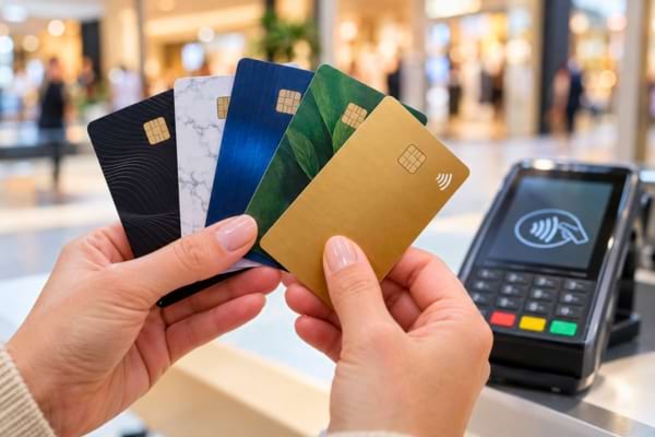 une personne tenant plusieurs cartes bancaires différentes comme un éventail