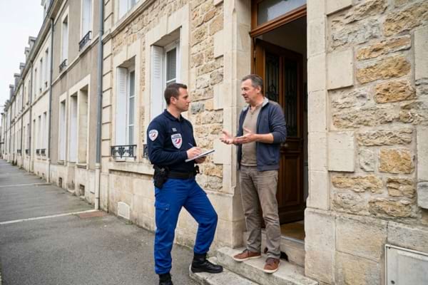 'un policier français en uniforme discutant calmement avec un propriétaire devant la porte