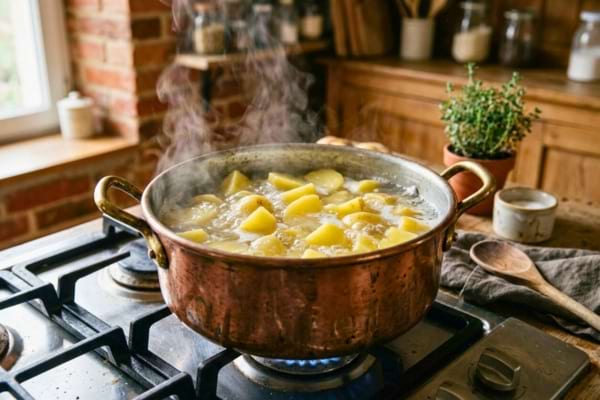 Une grande casserole en cuivre remplie d'eau frémissante avec des morceaux de pommes de terre