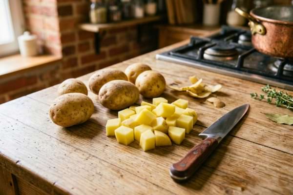 Un plan de travail en bois rustique avec des pommes de terre de variété Bintje crues