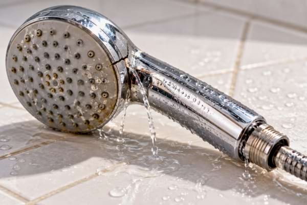 pommeau de douche bas de gamme fissuré fuyant de l'eau sur les côtés au niveau du pas de vis,