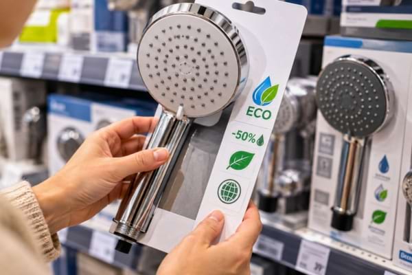 un pommeau de douche élégant dans un rayon de magasin de bricolage