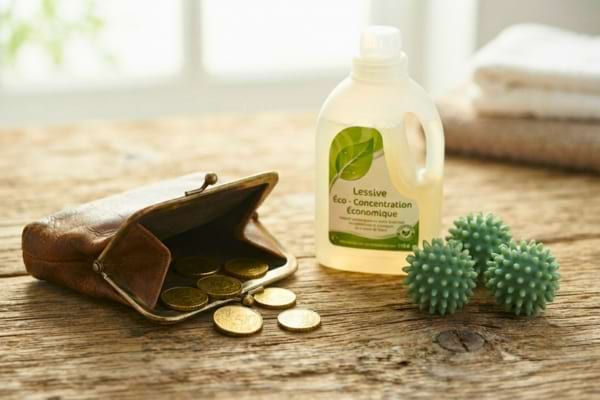 un porte-monnaie entrouvert avec quelques pièces, posé à côté d'un flacon de lessive écologique
