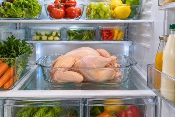 un poulet cru dans un grand plat en verre transparent, placé sur l'étagère du bas d'un réfrigérateur