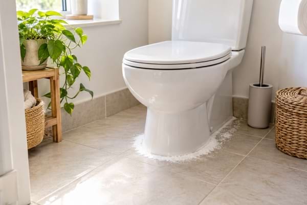 Bicarbonate de soude d&eacute;pos&eacute; en fine couche autour de la base des toilettes.