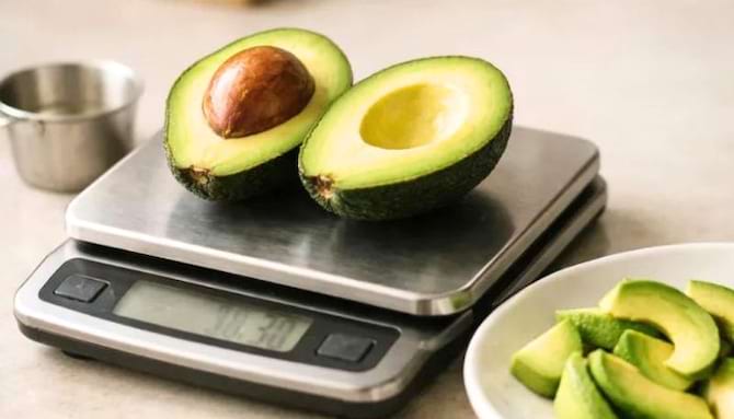 avocat coupé en deux sur une balance aliment trop riche