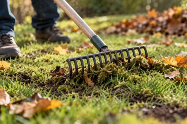 Jardinier retirant la mousse de sa pelouse avec un râteau au milieu des feuilles d'automne