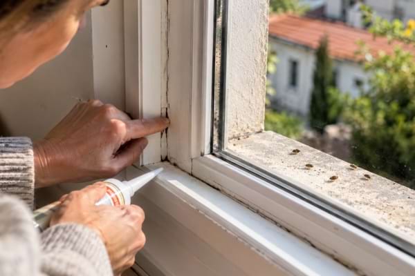 Pose de mastic autour d&rsquo;une fen&ecirc;tre pour emp&ecirc;cher les punaises d&rsquo;entrer.