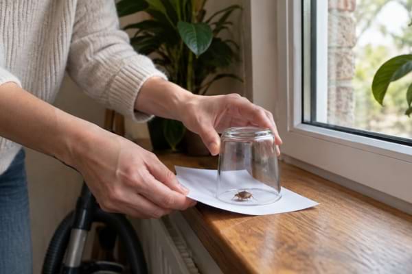 - Punaise captur&eacute;e sous un verre avec une feuille de papier pr&egrave;s d&rsquo;une fen&ecirc;tre.