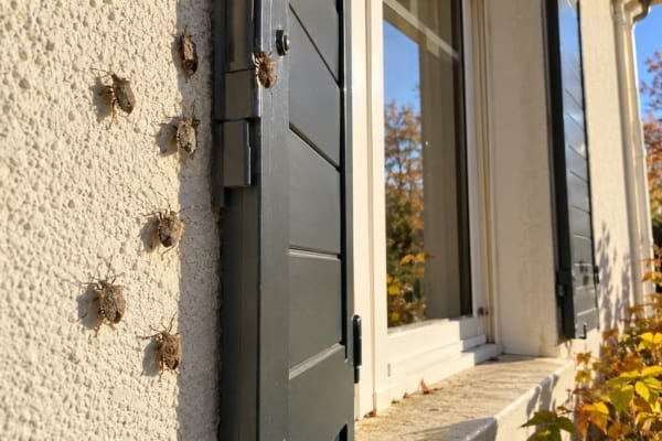 Punaises brunes regroup&eacute;es sur un mur pr&egrave;s d&rsquo;une fen&ecirc;tre en automne.