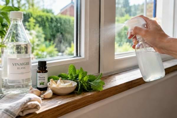 Spray maison au vinaigre, ail et menthe vaporis&eacute; autour d&rsquo;une fen&ecirc;tre.