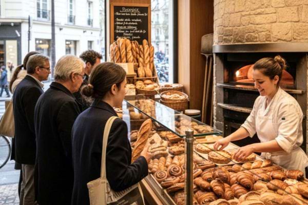 longue queue dans une boulangerie avec une seule vendeuse