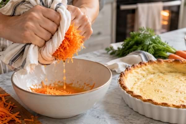 Mains qui essorent des carottes râpées dans un torchon pour retirer l'excès d'eau avant la cuisson.
