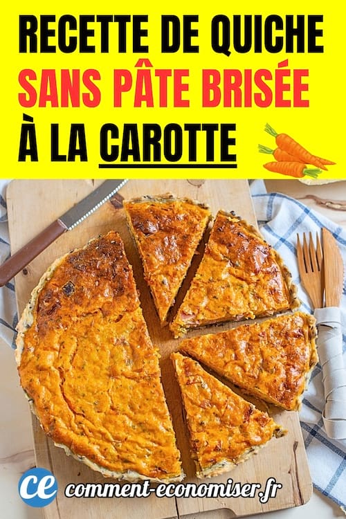 une quiche découpée maison avec un fond de tarte fait avec des carottes sur une planche à découper