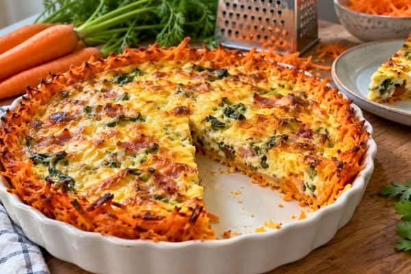 Quiche dorée sans pâte brisée, avec un fond de carottes râpées et une garniture fondante aux légumes.