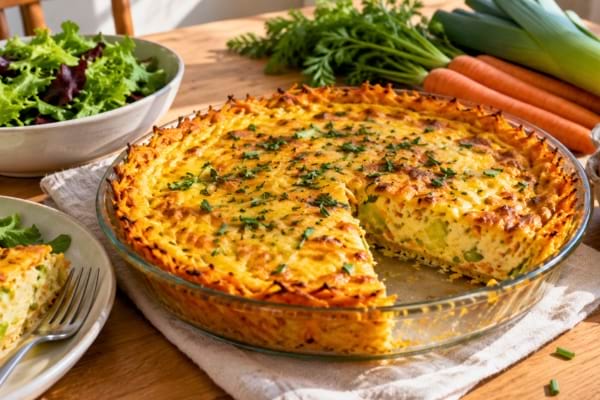 Quiche maison au fond de carottes râpées, servie avec une salade verte et des légumes frais.