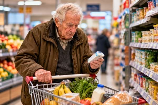 un vieil homme d'apparence modeste fait les courses et hésite à mettre un paquet dans son chariot
