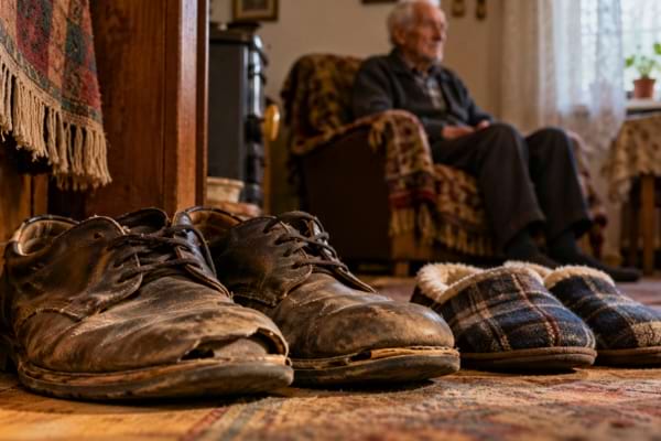 Vieilles chaussures abîmées et pantoufles usées d'un retraité qui n'a plus les moyens de les remplacer.