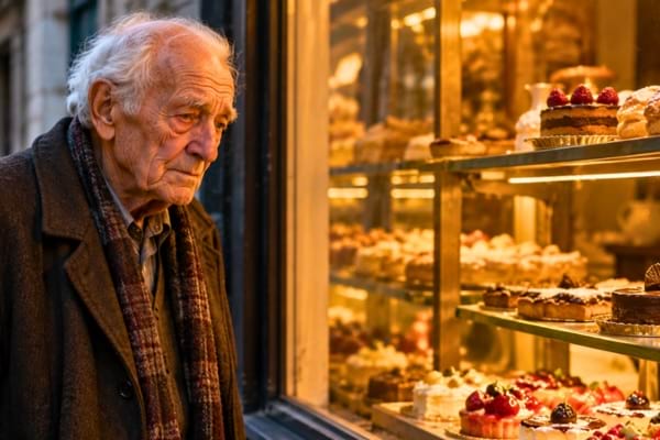 Un retraité âgé et triste regarde des pâtisseries en vitrine sans pouvoir se les offrir.