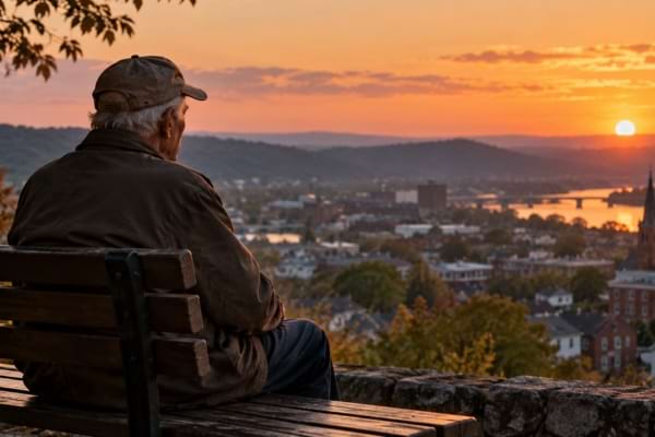 Un homme âgé assis seul sur un banc contemple le coucher du soleil après une vie de travail.