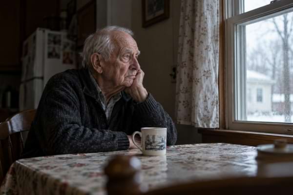 Un retraité de 89 ans, seul chez lui, regarde tristement par la fenêtre de son logement.