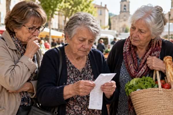 Trois femmes retraitées examinent un ticket de caisse au marché face à la hausse des prix.