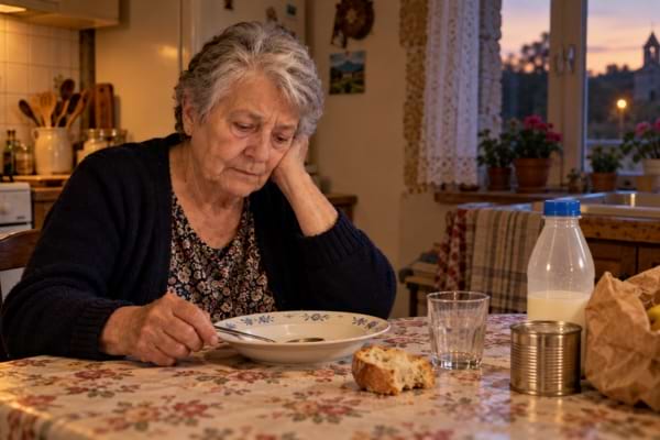Une retraitée aux faibles revenus reste seule devant son assiette presque vide le soir.