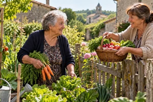 Deux retraitées échangent des fruits et légumes du potager pour réduire leur budget alimentaire.