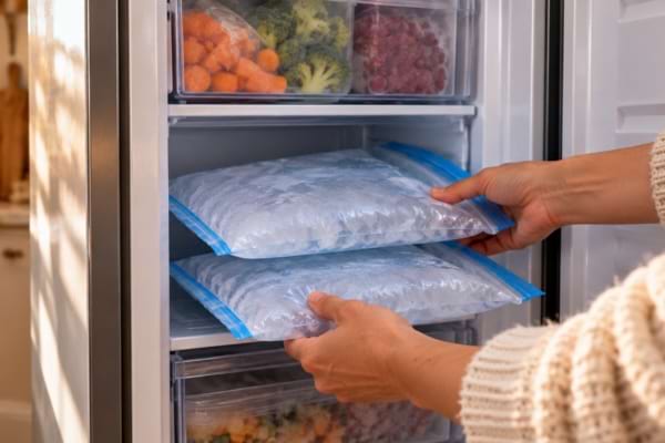 Gros plan sur des sacs d'eau congelée placés entre des aliments dans un congélateur.