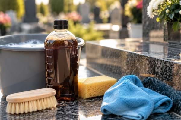 Savon noir, seau d'eau savonneuse et brosse douce pour nettoyer une pierre tombale en granit.