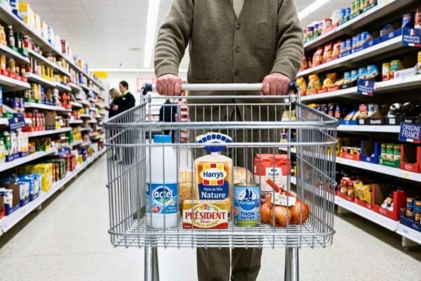 un caddie de supermarché à moitié vide avec des produits de première nécessité
