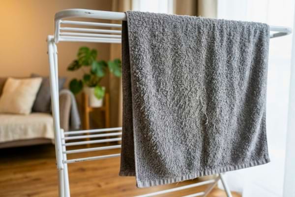 rough-looking grey bath towel hanging on a white metal indoor drying rack in a bright living room