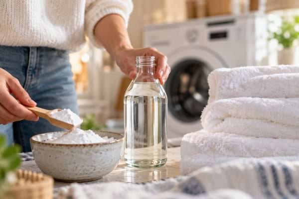 Bicarbonate de soude et vinaigre blanc &agrave; c&ocirc;t&eacute; de serviettes de bain blanches et moelleuses.