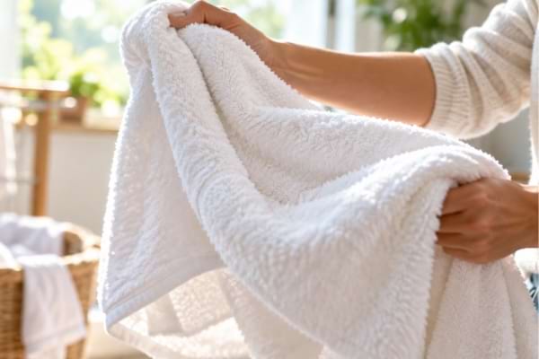 Personne secouant une serviette de bain blanche, douce et moelleuse apr&egrave;s le lavage.