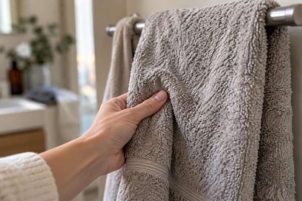 Main touchant une serviette de bain r&ecirc;che et rugueuse suspendue dans une salle de bain.